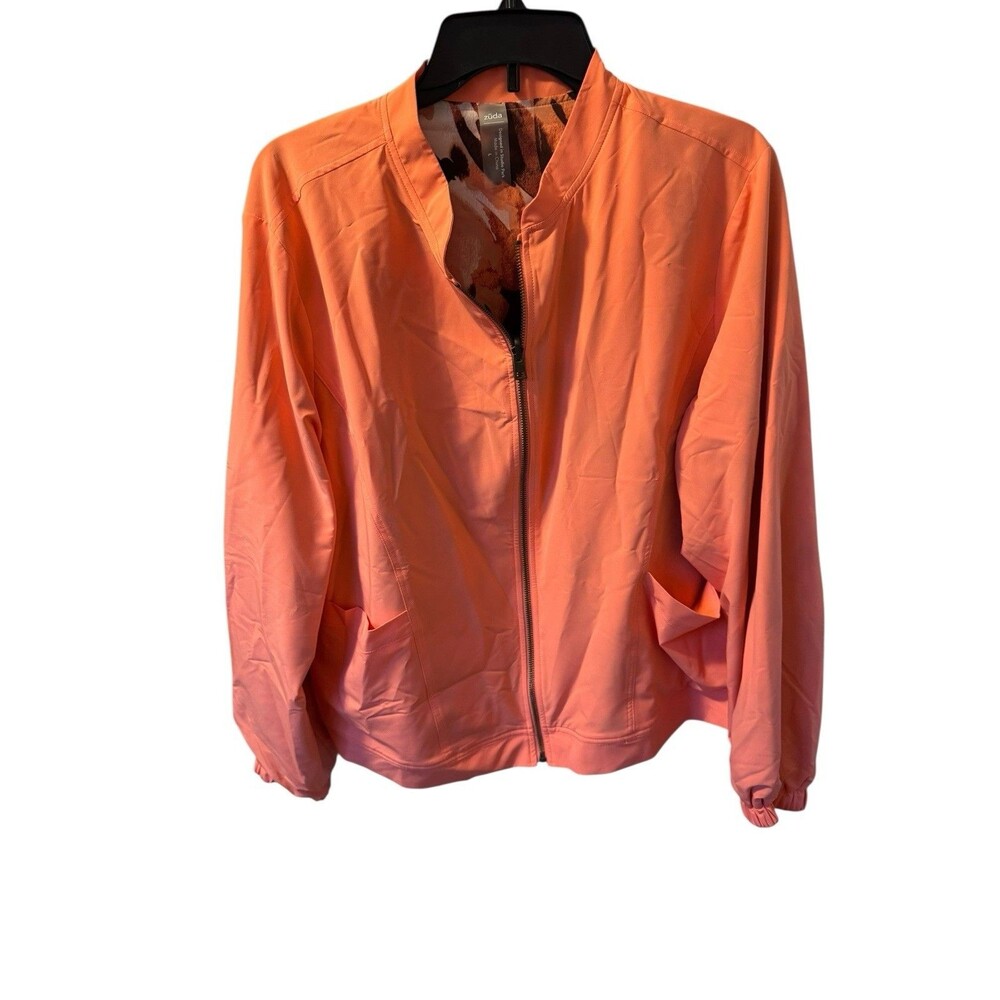 $84 QVC women Large ZUDA Full Zip Jacket Reversible Packable Floral Bomber Coral